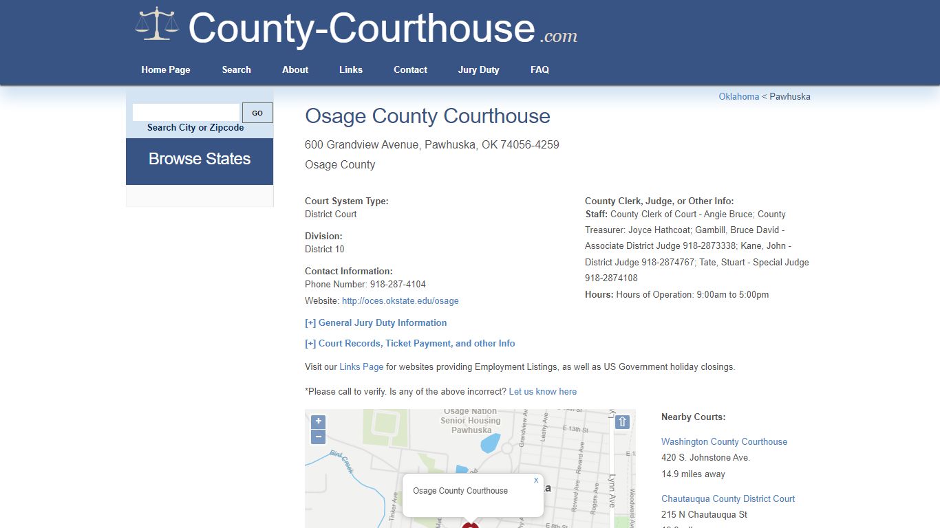 Osage County Courthouse in Pawhuska, OK - Court Information
